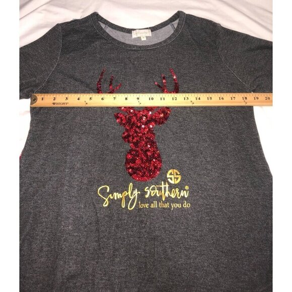 Plaid Top Sparkle Reindeer Womens Size M Red Sequin Gray Mixed Media Christmas - Picture 6 of 11